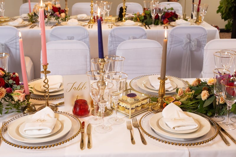 wedding breakfast detail shot with pink, purple, beige and white colour scheme