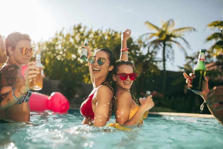 Pool party with palm trees and sunny skies
