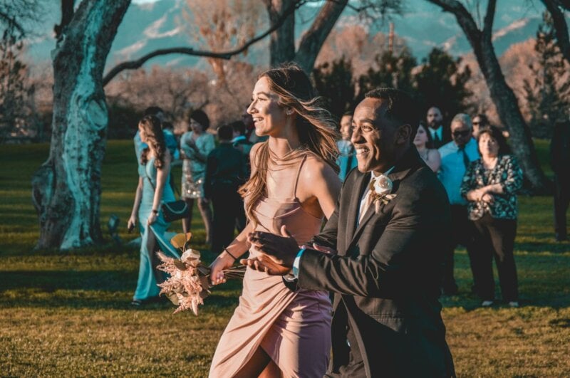 Guests walking at a wedding