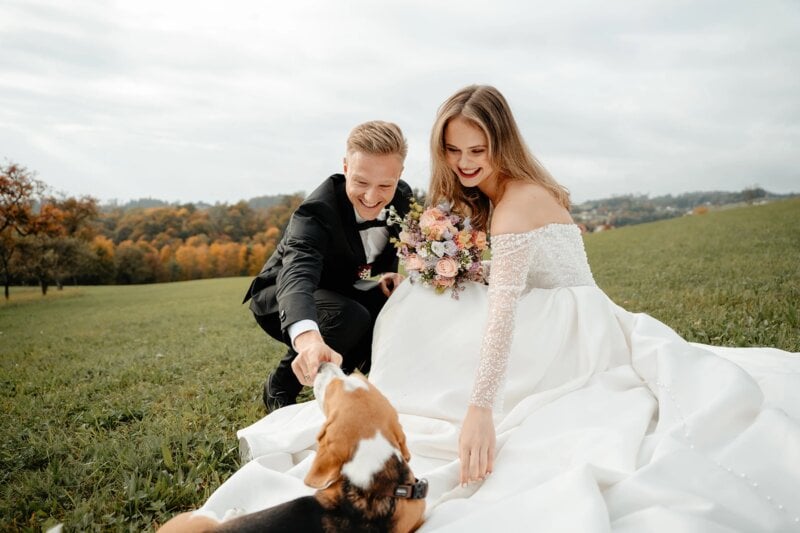 Brautpaar streichelt lachend ihren Hund auf einer herbstlichen Wiese
