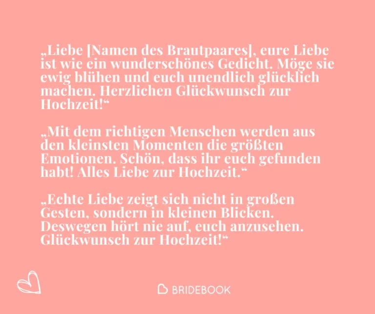 Textkarte mit Beispielen für romantische Glückwünsche zur Hochzeit