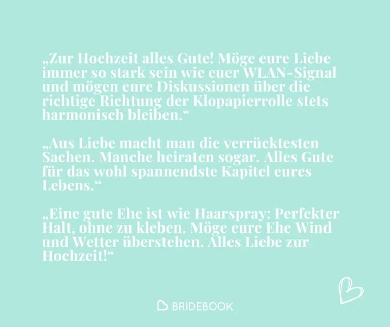 Textkarte mit Beispielen für humorvolle Glückwünsche zur Hochzeit