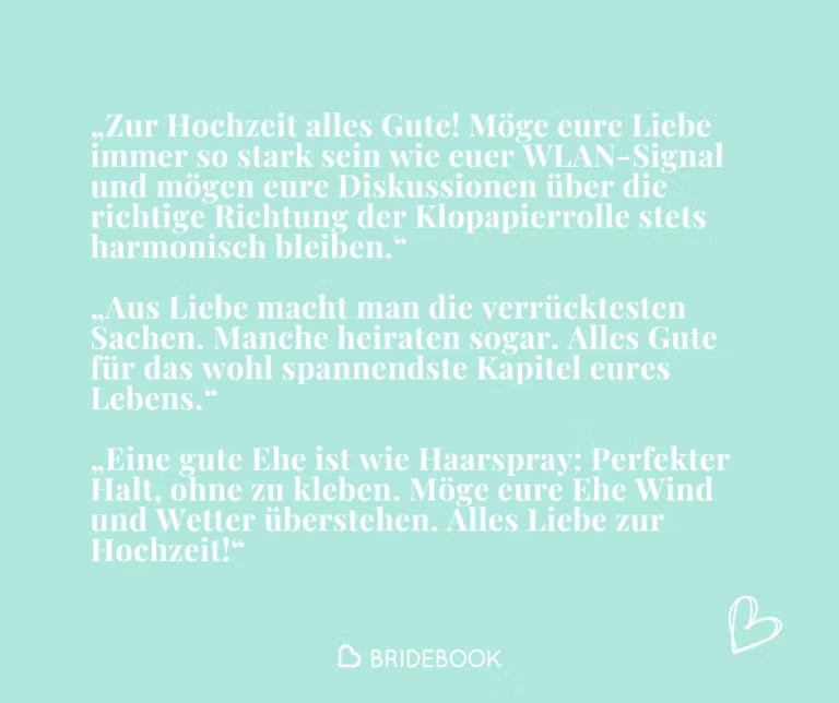 Textkarte mit Beispielen für humorvolle Glückwünsche zur Hochzeit