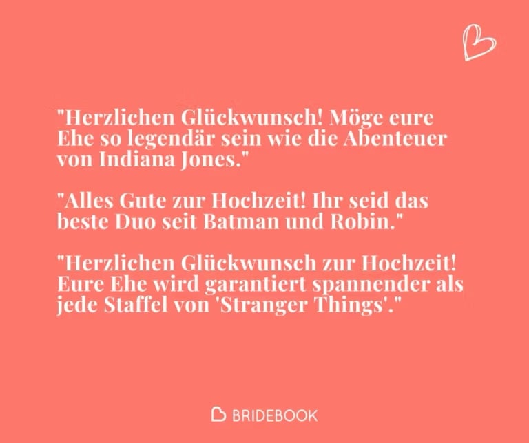 Bridebook-Grafik mit humorvollen Hochzeitsglückwünschen als Anspielung auf Film und Fernsehen