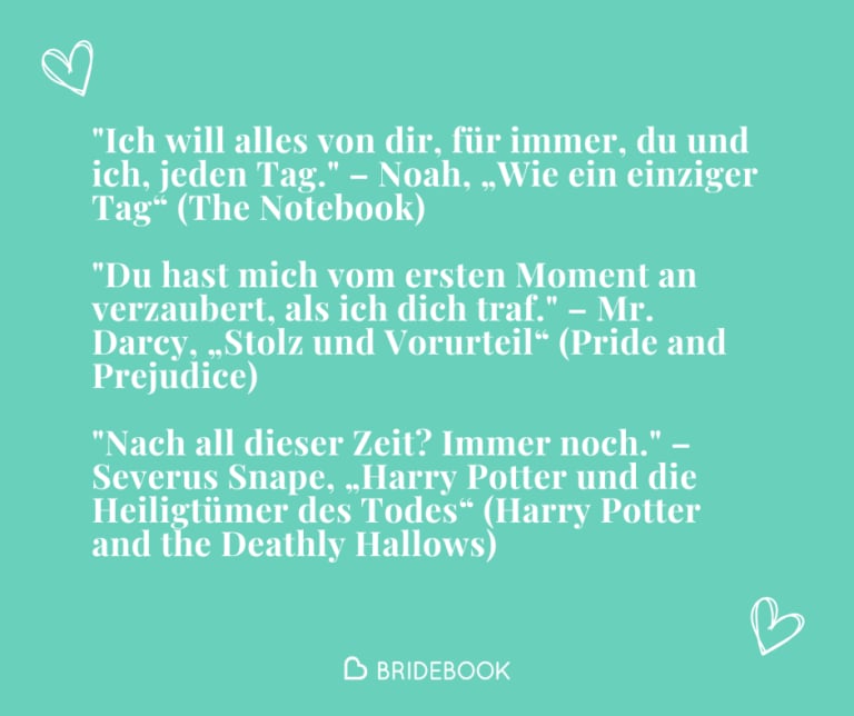 Hochzeitszitate aus Filmen wie „Wie ein einziger Tag“, „Stolz und Vorurteil“ und „Harry Potter“