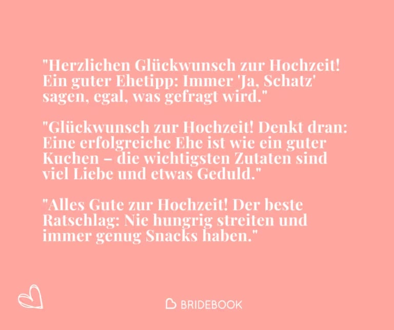 Bridebook-Grafik mit witzigen Ratschlägen als humorvolle Hochzeitsglückwünsche