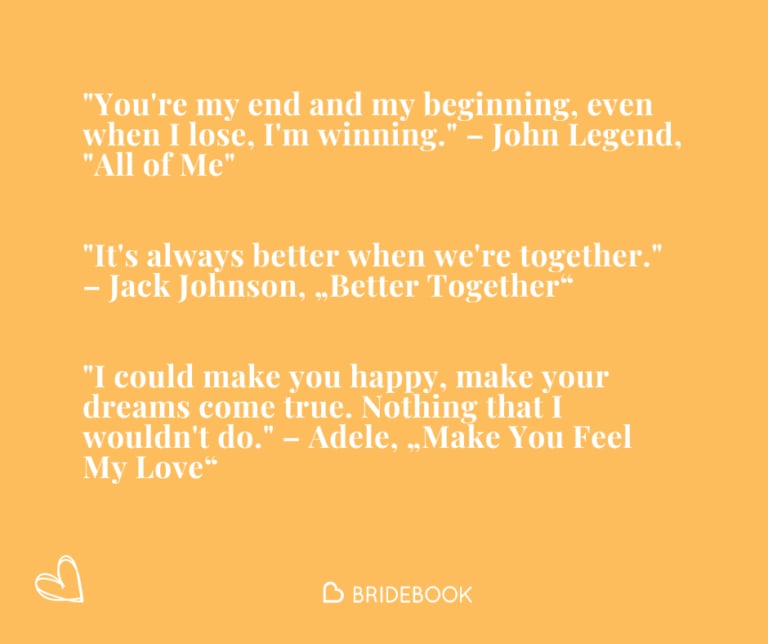 Zitate aus Songs zur Hochzeit von John Legend, Jack Johnson und Adele auf orangem Hintergrund