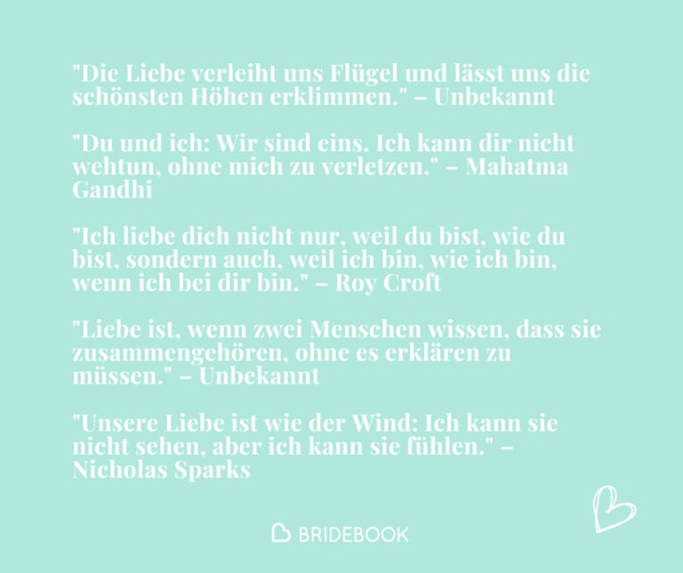 Romantische Zitate zur Hochzeit von Nicholas Sparks, Mahatma Gandhi und Roy Croft auf türkisem Hintergrund