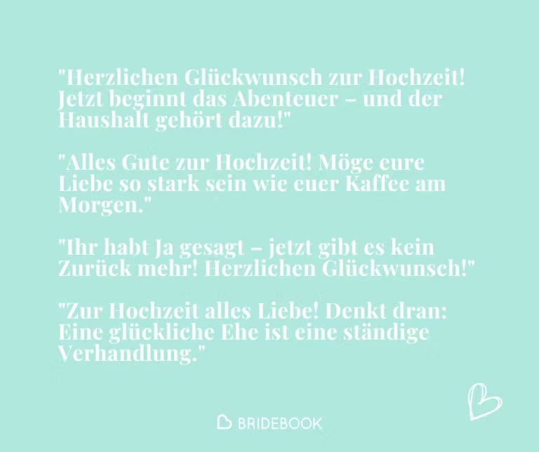 Bridebook-Grafik mit klassischen humorvollen Glückwünschen zur Hochzeit