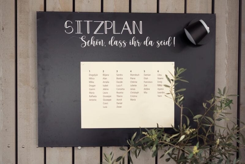 Schwarzer Sitzplan zur Hochzeit mit der Aufschrift „Schön, dass ihr da seid!“ und Gästeliste nach Tischen im bloomeventhaus