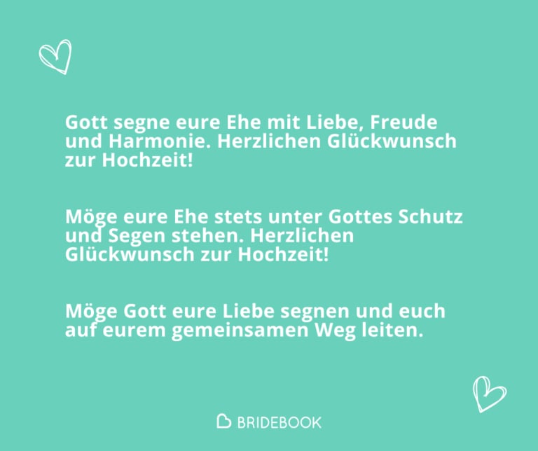 Grafik mit religiösen Glückwünschen zur Hochzeit, z. B. „Gott segne eure Ehe mit Liebe, Freude und Harmonie“
