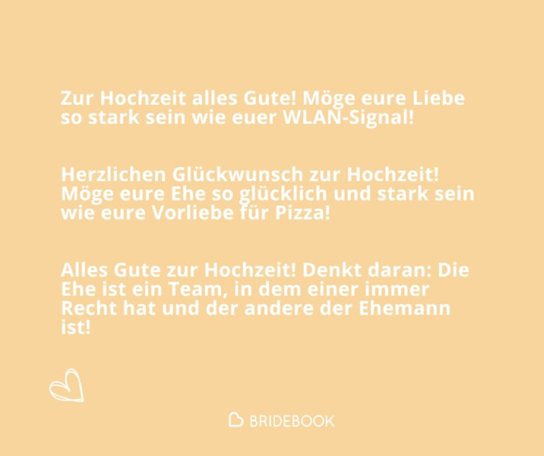 Grafik mit lustigen Glückwünschen zur Hochzeit, z. B. „Möge eure Liebe so stark sein wie euer WLAN-Signal!“