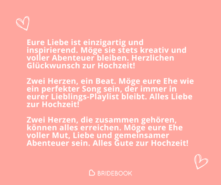 Grafik mit modernen Hochzeitsglückwünschen, z. B. „Zwei Herzen, ein Beat. Möge eure Ehe wie ein perfekter Song sein“