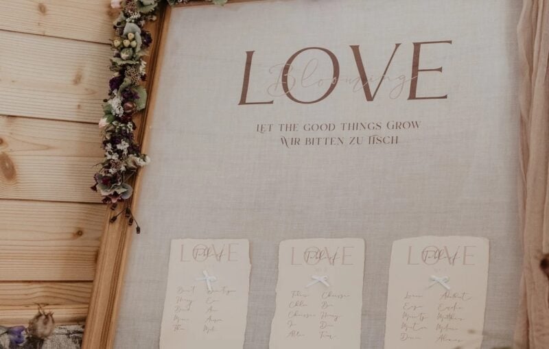 Sitzplan zur Hochzeit mit „LOVE“-Schriftzug, der Bitte zu Tisch und Gästelisten nach Tischen in der Grawandhütte