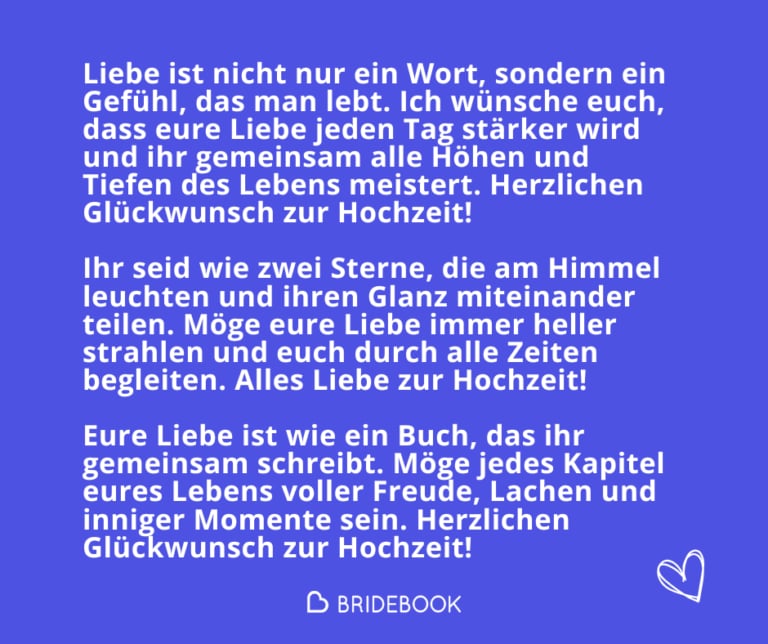 Grafik mit romantischen Hochzeitsglückwünschen, z. B. „Eure Liebe ist wie ein Buch, das ihr gemeinsam schreibt“