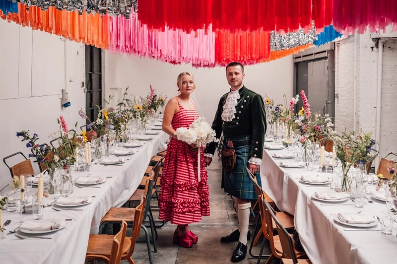 gen z wedding couple wearing cool coordinated wedding outfits