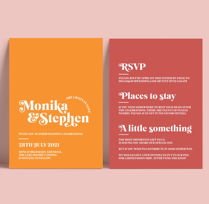 a block colour wedding invitation suite featuring a simple modern font