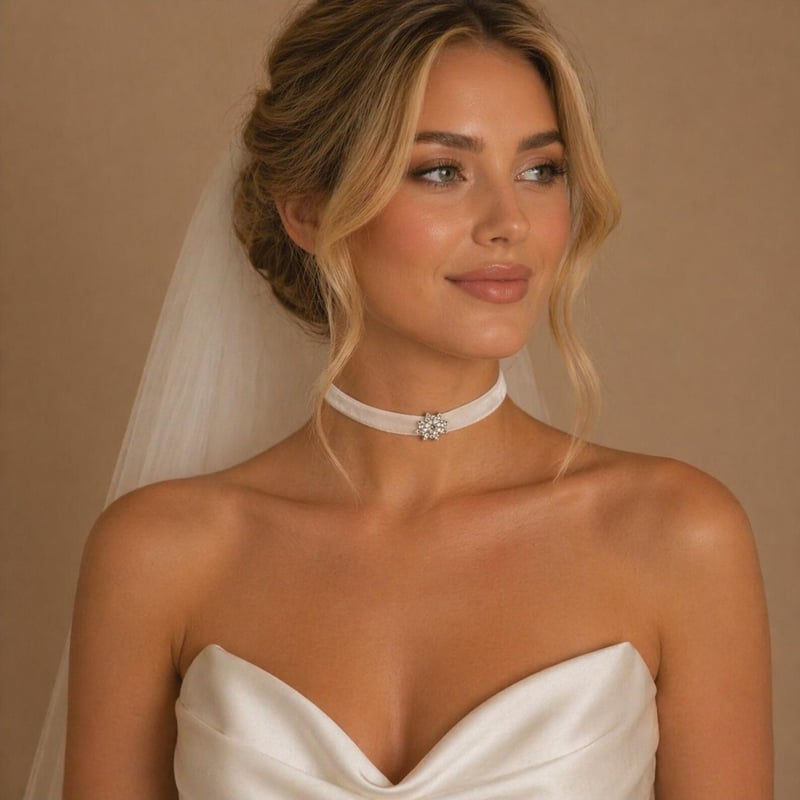 bride wearing a white velvet choker