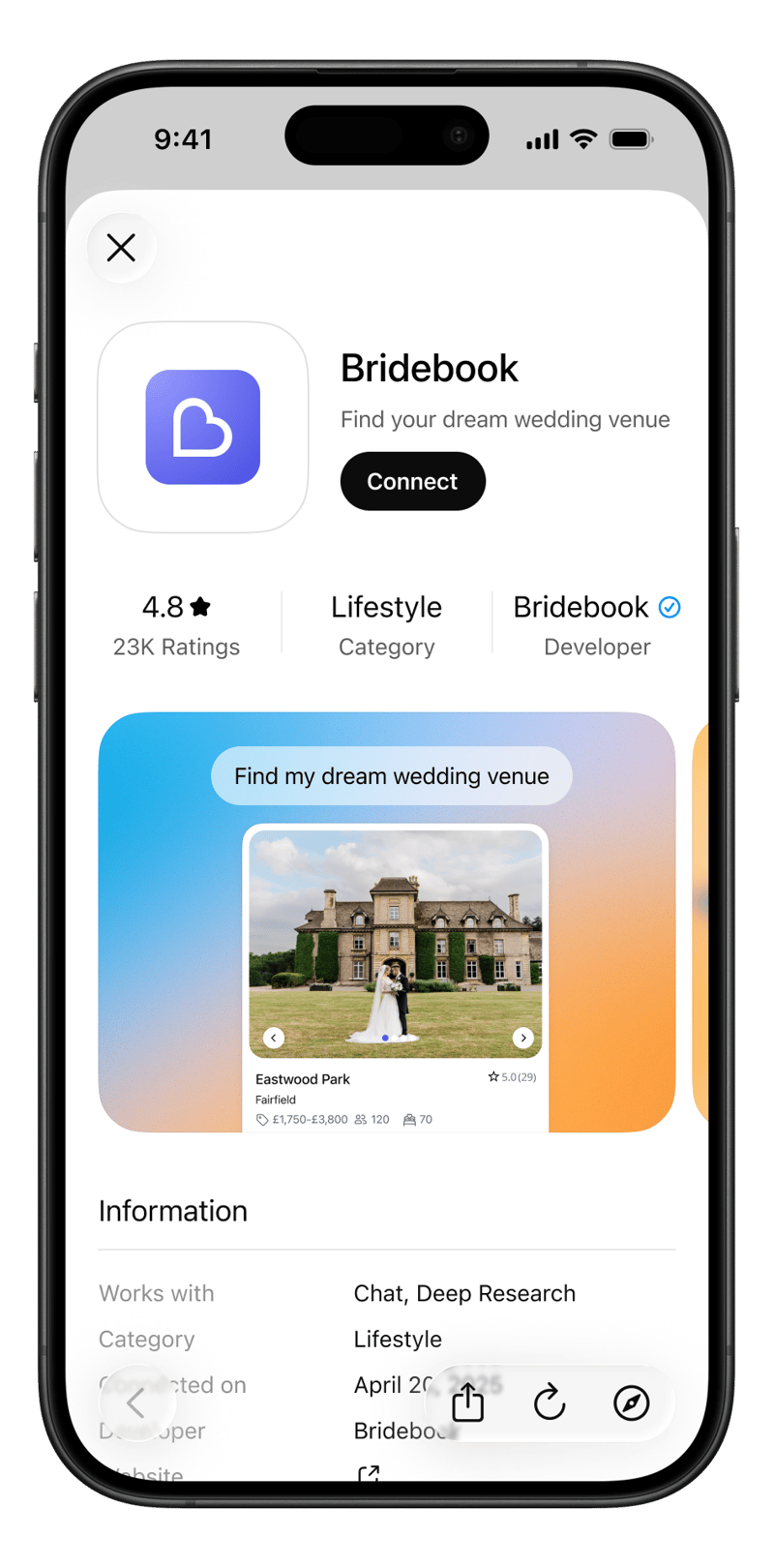 phone screen showing Bridebook's AI app