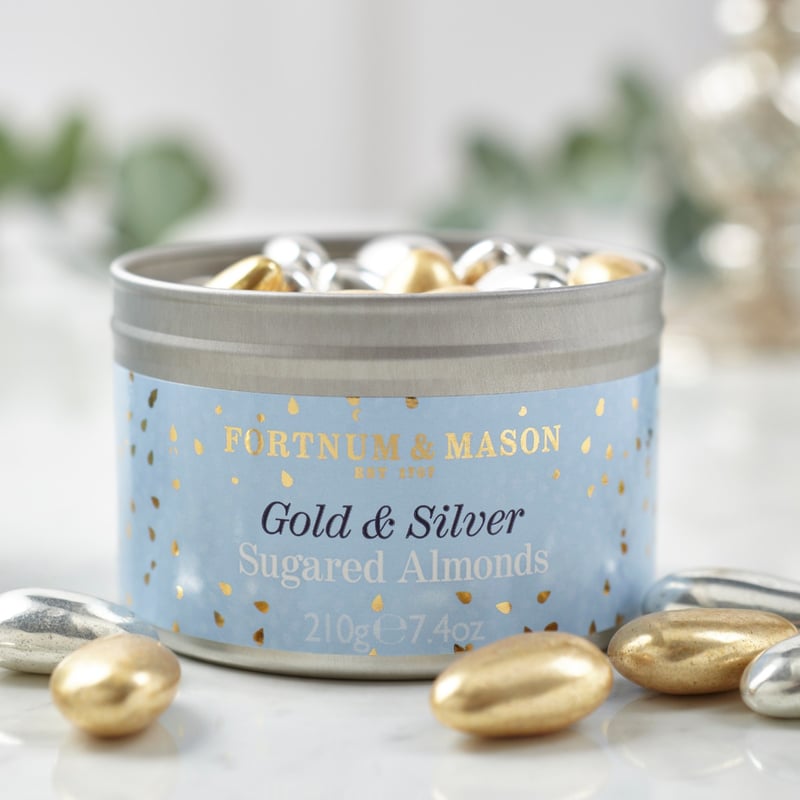 Tub of gold and silver metallic sugared almonds