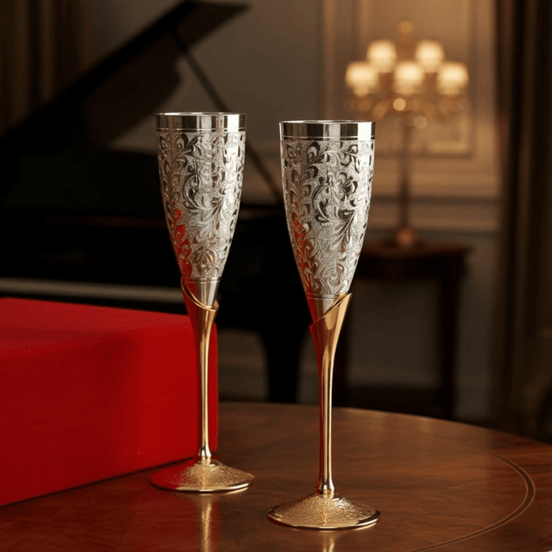 Two engraved silver champagne flutes