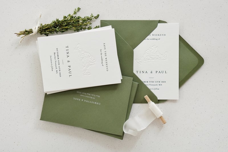 formal wedding invitations on white card with dark green envelopes