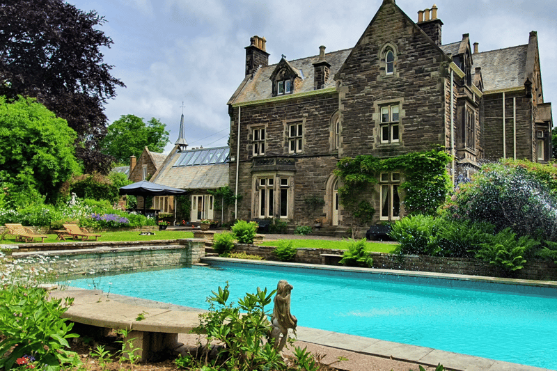 Dunwood Hall Estate, a Grade II listed neo-Gothic manor wedding venue in Staffordshire with a 1920s art deco outdoor swimming pool