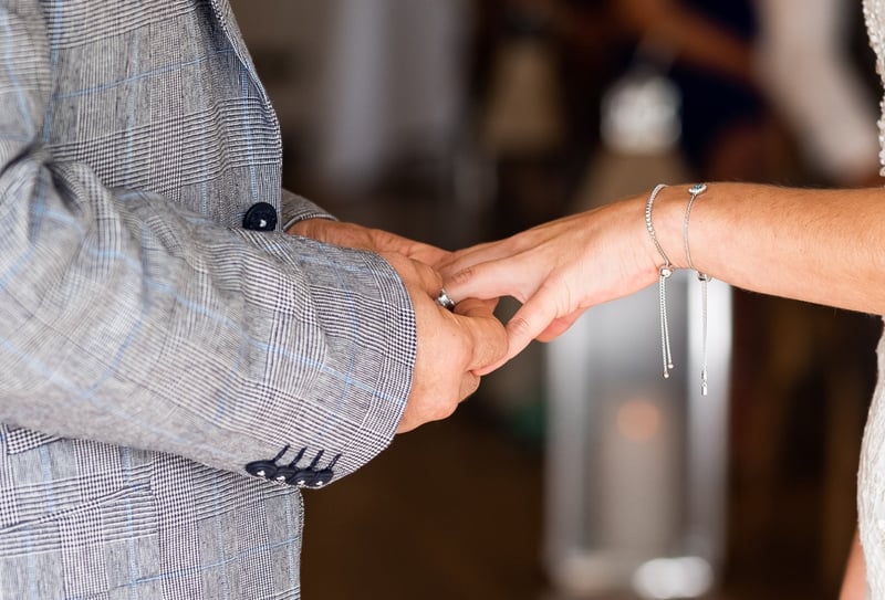 close-up of a bride and groom's hands as the groom places the wedding ring on his bride's finger.