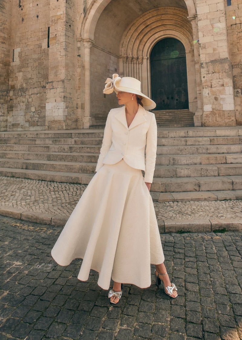 a model stands outside a historic building wearing a white skirt suit with matching hat.