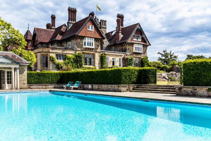 Outdoor swimming pool at Cowdray House, an exclusive-use wedding venue in the South Downs National Park