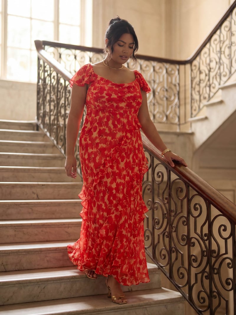 a model walking down the stairs wears a red floral print ruffle maxi dress with short flutter sleeves.