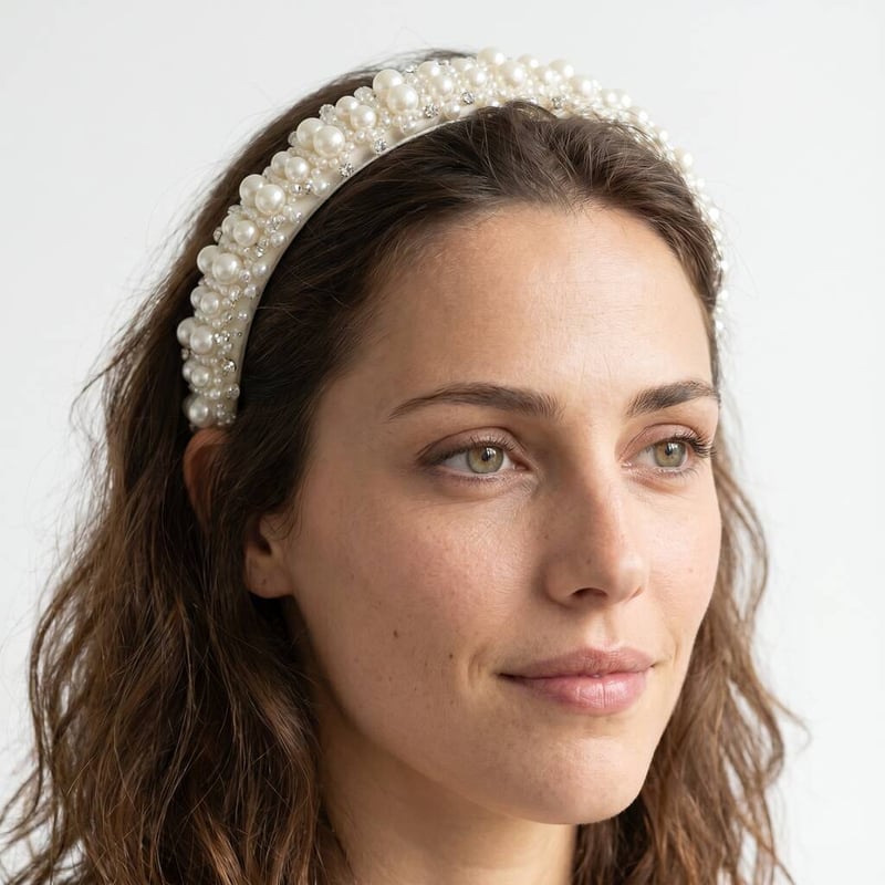 woman with short brown hair wearing a wedding headband