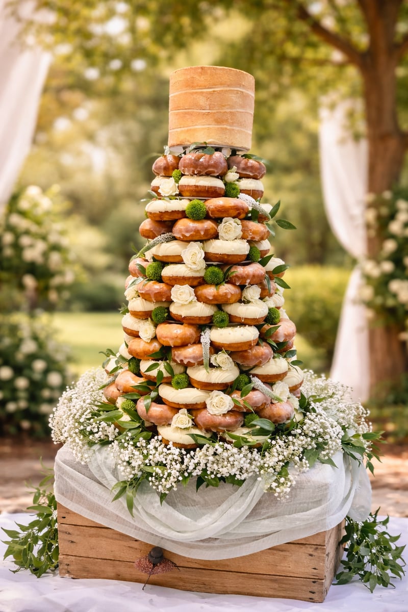 a tower of doughnuts stacked to look like a tiered wedding cake with a sponge cake on the top.
