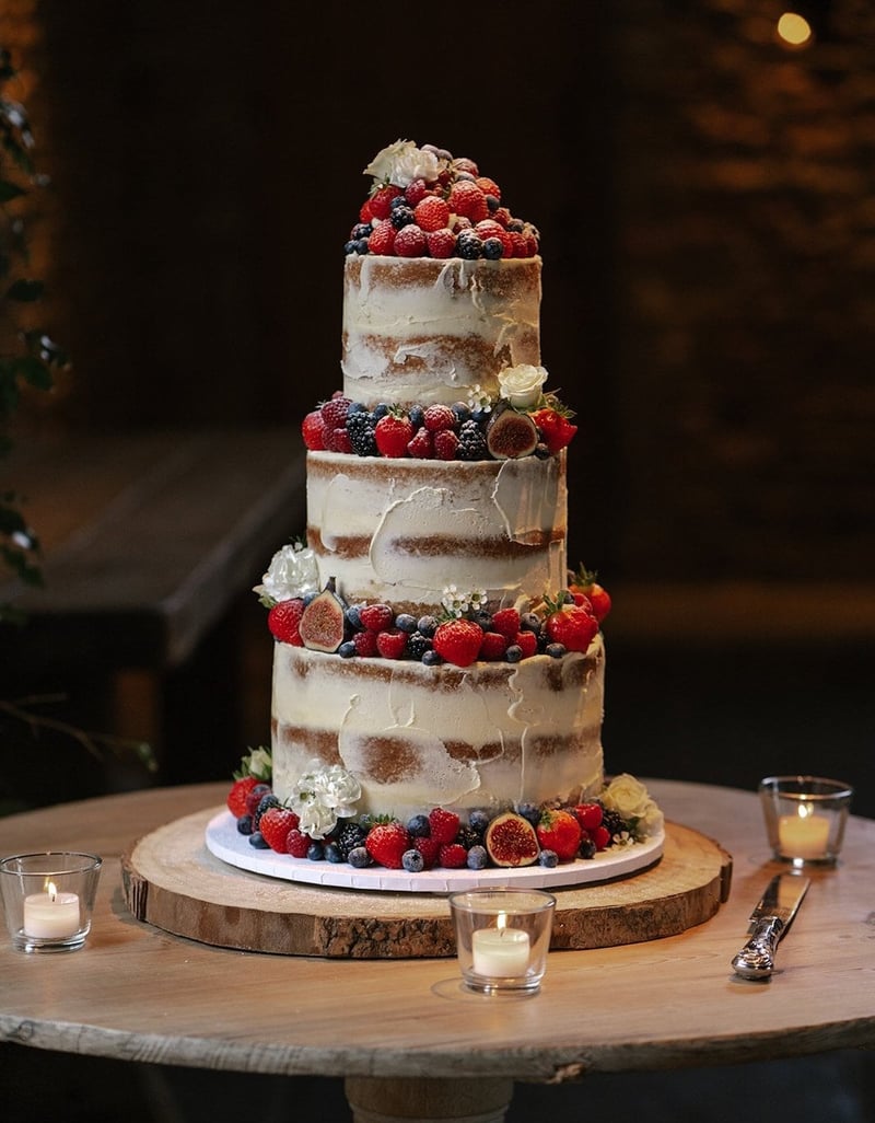 a three-tiered semi-naked wedding cake decorated with fresh fruit.