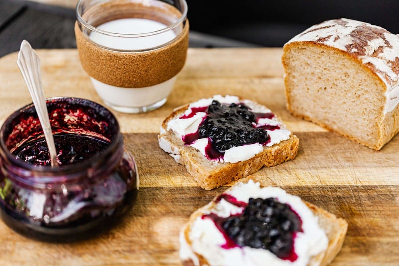 a homemade jam spread on two pieces of toast