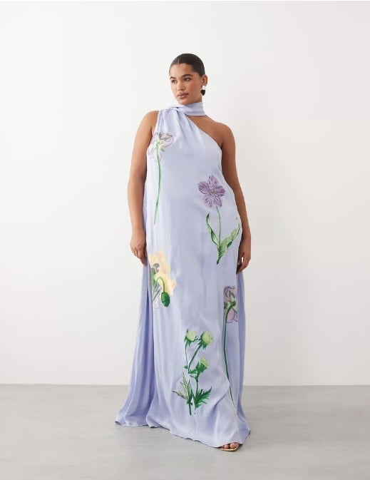 plus size model in lilac maxi dress