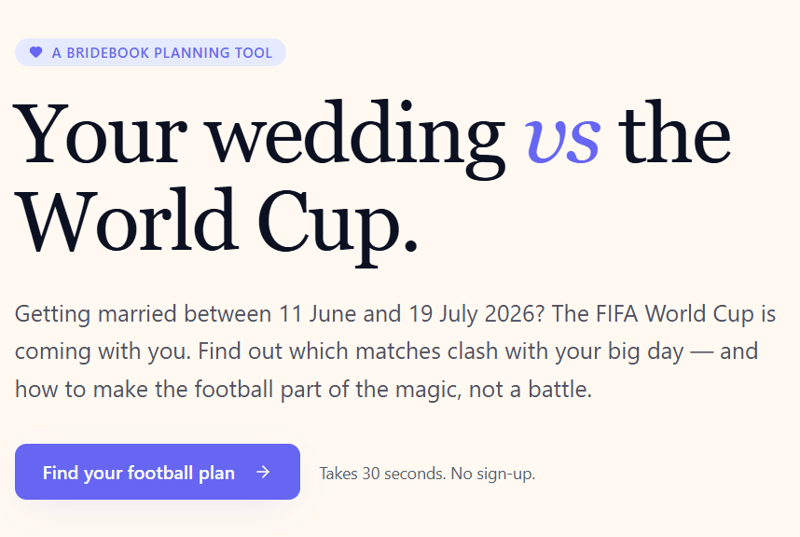 A bridebook tool to help you plan your wedding around the world cup