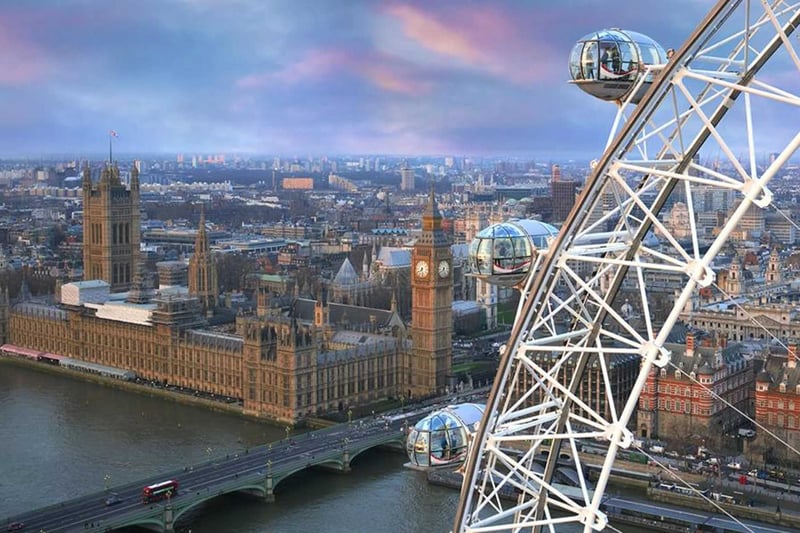 London eye with Big Ben in the background against a dusk sky