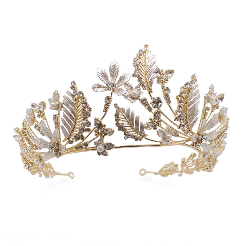 wedding tiara with leaves and flowers made from metal