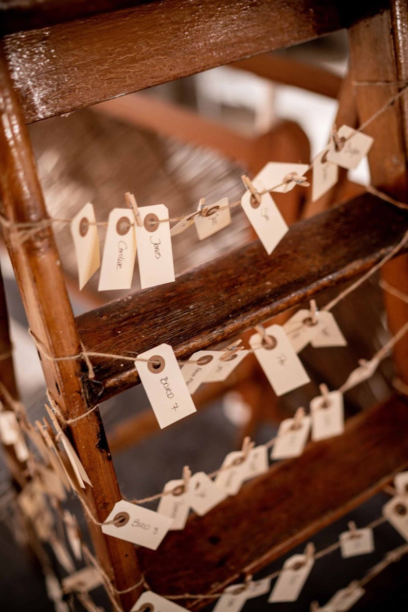 A wedding seating chart featuring escort cards in the form of luggage tags on a vintage wooden ladder