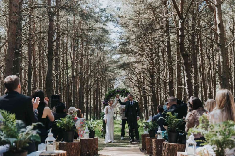Woodland wedding ceremony in the woods at harvest moon weddings