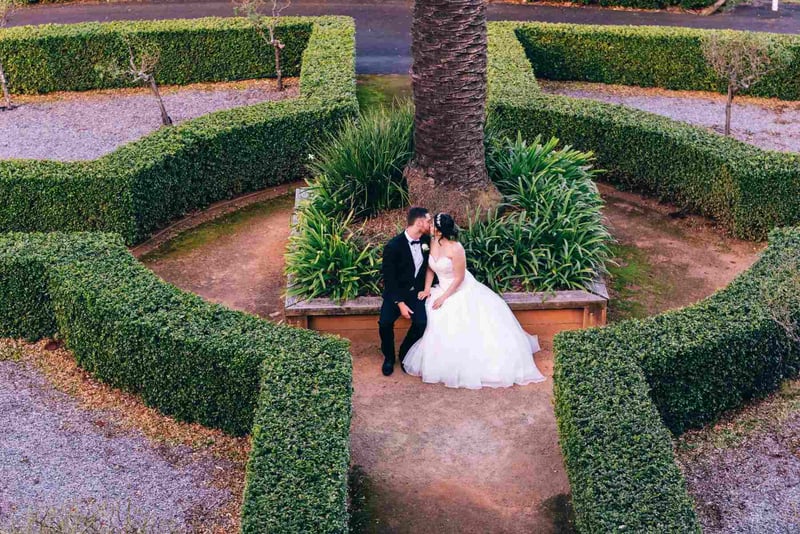 A bride and groom kissing in the middle of rounded hedges in the garden of an australian wedding venue