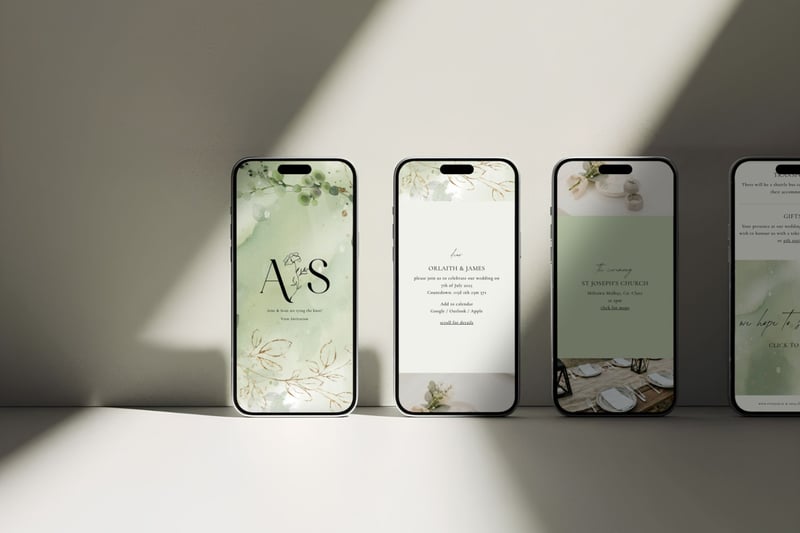 a set of iphones showing digital wedding invitations in a colour palette of green and white.
