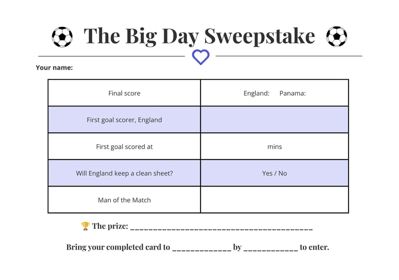 World cup wedding sweepstake for England v Panama