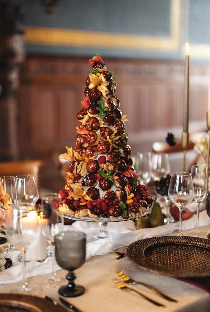 A tower of croquembouche for a wedding