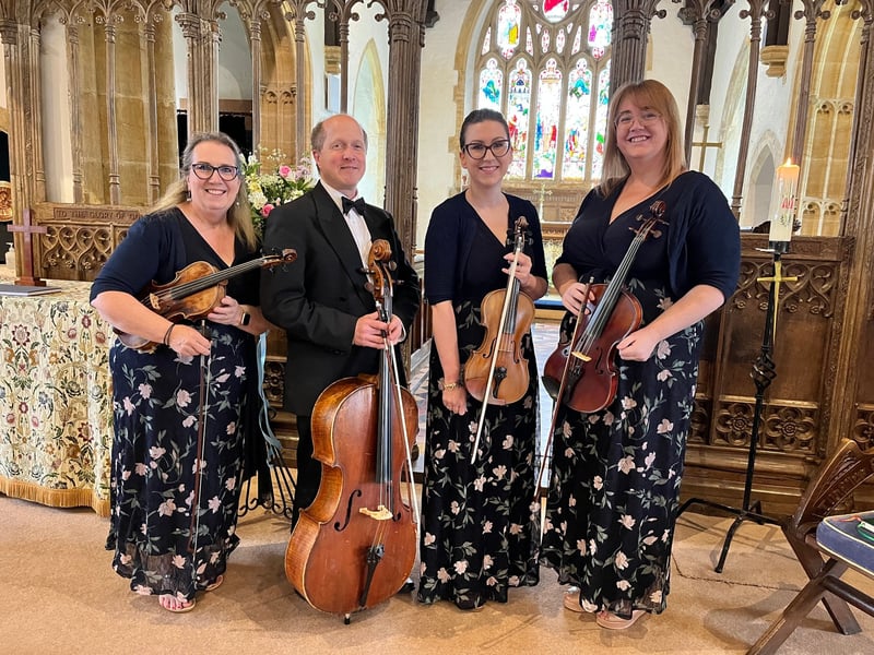 a group of four musicians stand and smile at the camera as they hold their string instruments. 