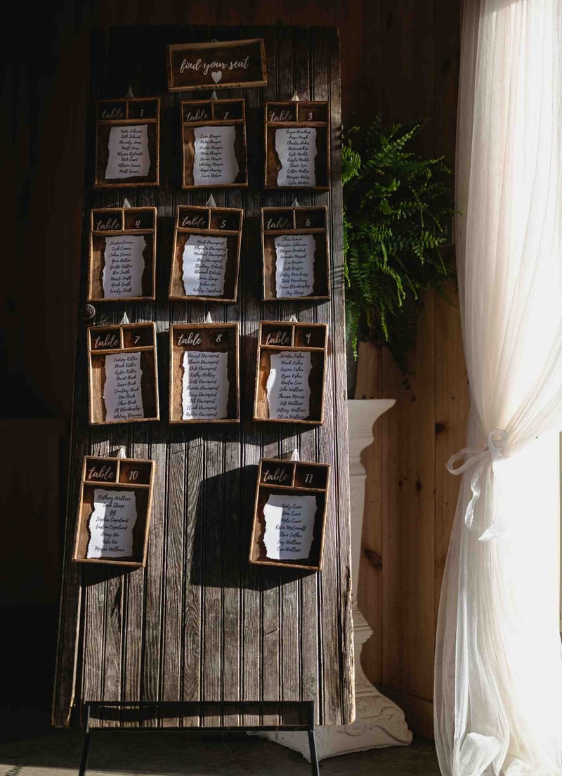 A rustic wooden seating plan at a wedding
