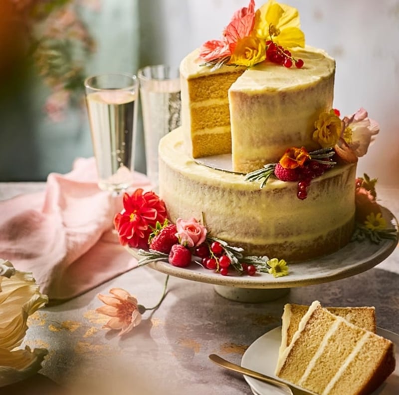 Two tier naked wedding cake from a supermarket