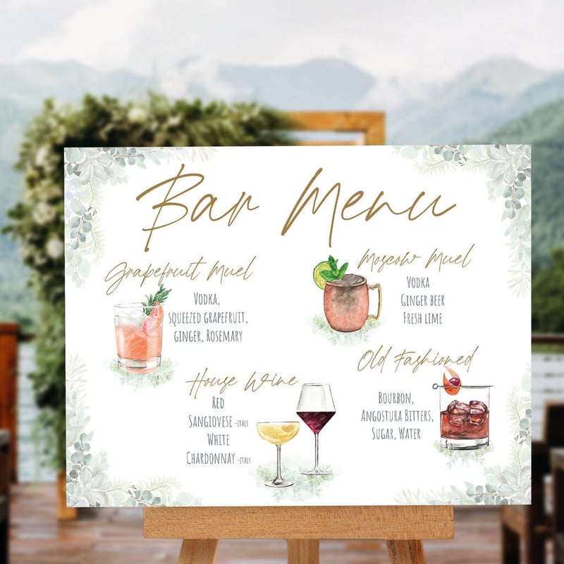 a hand painted bar menu wedding sign portraying different drinks in soft watercolour