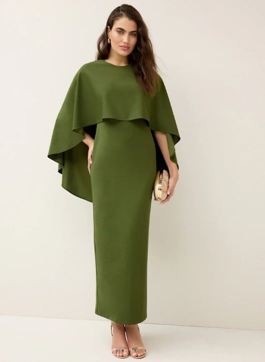 olive green maxi dress with sheer cape on mother of the bride model